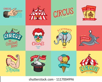 Insignia del circo. Logotipos o emblemas del Carnaval de época. Etiqueta para la pancarta y el espectáculo del festival. Harlequin con animales. payaso y elefante retro, helado, mágico foco en la carpa. mano grabada.