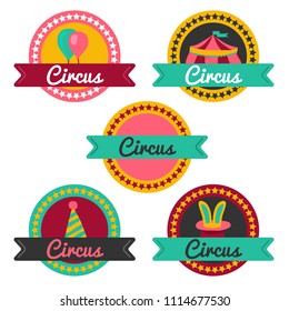 Circus badges in flat style. Hat with rabbit, airballons, tent. Perfect for advertising poster. Vector illustration