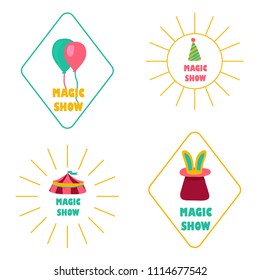 Circus badges in flat style. Hat with rabbit, airballons, tent. Perfect for advertising poster. Vector illustration