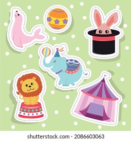 circus ball animals and tent stickers icons