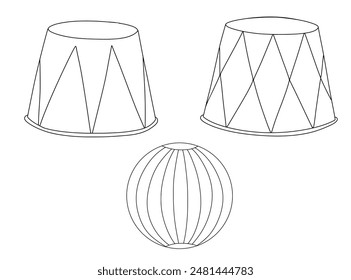 Circus Ball und Podium Linie Illustrationen gesetzt. Handgezeichnete isolierte Kritzeleien. Umrissskizze für Malbuch