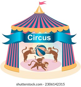 Circus banner, background with tent, monkeys play with a ball. Vector illustration.