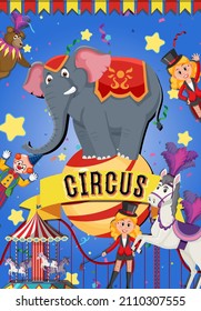 Circus banner design on with circus animal character illustration