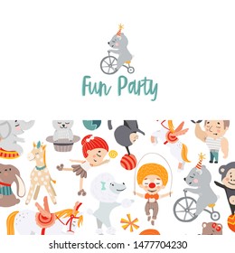 Circus banner. Invitation, banner, card. Funny and kids vector illustration. Graphic cartoon design.
