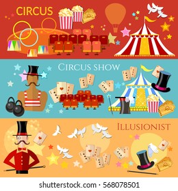 Circus banner, performance strongman magician magic tricks circus show concept 