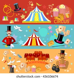 Circus banner circus performance tent magic hat tricks vector illustration 