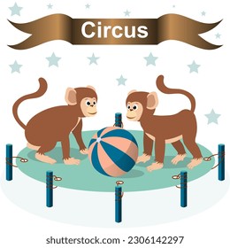 Circus banner and two monkeys with a ball on a trampoline. Vector illustration.