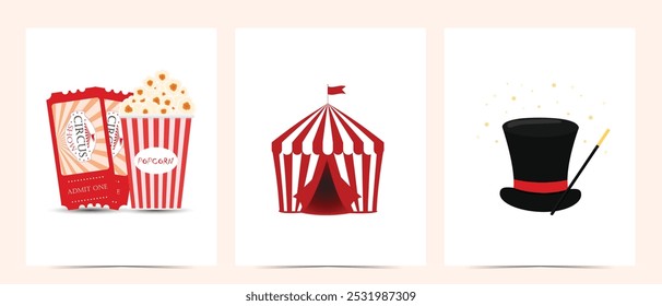 Banner circo do bilhete, tenda com pontas vermelhas e brancas, pipoca, chapéu preto mágico em um fundo branco, ilustração vetorial.