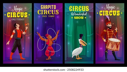 Anuncios de circo con artistas y animales de carnaval de funfair, fondos de dibujos animados de Vector. Carteles del espectáculo mágico del circo con el malabarista del mono, el hombre del devorador del fuego y el baterista de la orquesta con el pájaro del pelícano en sombrero