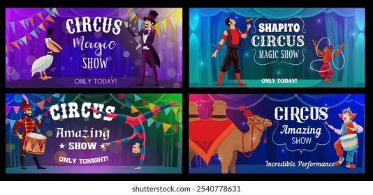 Zirkus-Banner für Funfair-Karneval mit Darstellern und Tieren, Vektorkarikatur. Zelt Zelt Zelt Zirkus Show Plakate mit Clown, Affen Jongleur und Feuer Esser Mann mit Akrobat und Funfair Kamel