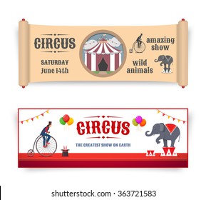 Circus banners illustrations in retro and flat style. Vector