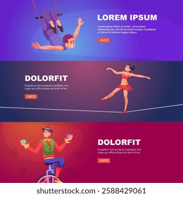 Circus banners. performance circus show artists clowns and flying gymnasts. vector print ads template