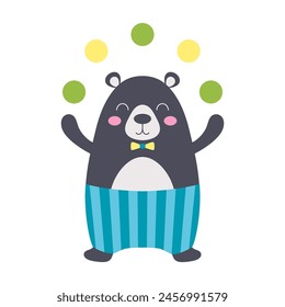 circus bear juggler, kids vector illustration, flat style