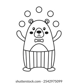 circus bear juggler, outline kids vector illustration, flat style