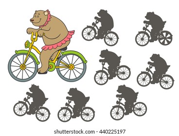 Circus bear on bicycle. Find the right shadow image. Educational games for kids.Vector stock illustration