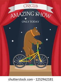 Circus bear on a bicycle. Flat vector poster.
