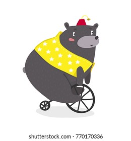 Circus bear on a bicycle. Hand drawn vector illustration