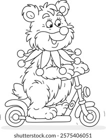 Circus bear riding on a toy scooter in a funny circus performance, black and white vector cartoon illustration for a coloring book