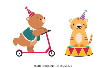 Circus Bear and Tiger Riding Kick Scooter Performing Trick Vector Illustration Set