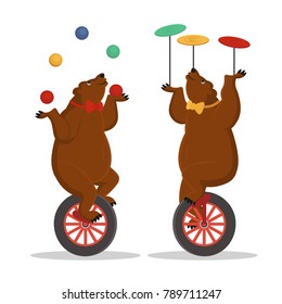 Circus bears juggle on a bicycle. Vector cartoon illustration.