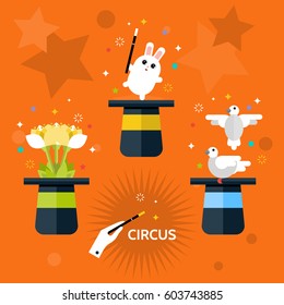 Circus. Beautiful set of hat magician with a rabbit, flowers and doves. Vector flat illustration.