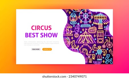 Circus Best Show Neon Landing Page. Vector Illustration of Entertainment Festival Glowing Concept.