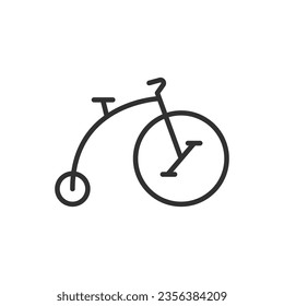 Ein Zirkusfahrrad mit einem großen Vorderrad, lineares Symbol. Ungewöhnliche Formen von Fahrrädern. Linie mit bearbeitbarem Hub
