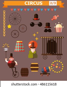 Circus Big flat vector illustrations set with food, clowns, tricks and circus stuff.  Vector flat icon set, badge and illustrations