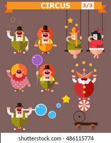 Circus Big flat vector illustrations set with food, clowns, tricks and circus stuff.  Vector flat icon set, badge and illustrations