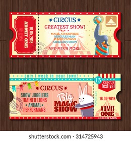 Circus Big Magic Show With Trained Animals Two Vintage Entrance Tickets Templates Set Abstract Isolated Vector Illustration