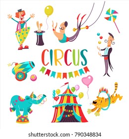 Circus. Big set of vector cliparts. Isolated on white background. Happy clown, tent, tiger jumping through a ring of fire, juggler, elephant, aerial acrobat, the rabbit in the hat, circus cannon.