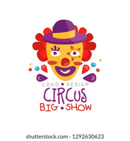 Circus big show logo design, carnival, festive, show label, badge, design element with funny clown can be used for flyear, poster, banner, invitation hand drawn vector Illustration