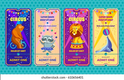 Circus big show with trained animals entrance ticket template. Invitation coupon with bear on a bike, raccoon-juggler, performing Lion, seal-equilibrist. Vector illustration