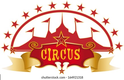 A circus big top with a red ribbon