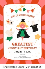 Circus birthday invitation template. Party banner with magician girl, cute dancing elephant, bunny in top hat. Bunting with flags. Fair festival. Celebration event childish design. Vector illustration