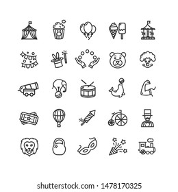 Circus Black Thin Line Icon Set Include of Attraction, Cannon, Bike and Marquee. Vector illustration of Icons