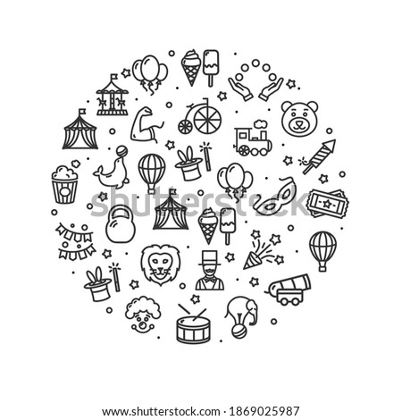Circus Black Thin Line Icon Round Design Template Include of Tent, Clown, Balloon and Carousel. Vector illustration