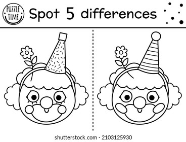 Circus black and white find differences game for children. Educational line activity with cute clown face. Amusement show puzzle for kids with funny artist. Entertainment festival coloring page
