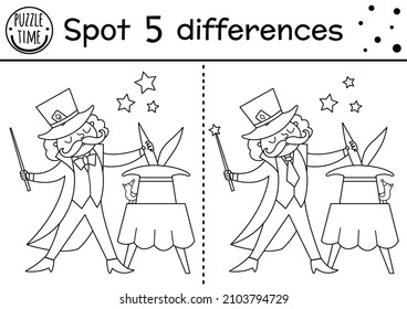Circus black and white find differences game for children. Educational line activity with magician showing trick with hat and rabbit. Amusement show puzzle. Festival coloring page
