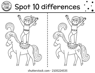 Circus black and white find differences game for kids. Educational line activity with gymnast girl on hoop. Amusement show puzzle for children. Festival printable coloring page
