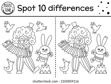 Circus black and white find differences game for kids. Educational activity with clown playing harmonica. Amusement show line puzzle with funny artist. Festival printable coloring page
