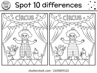 Circus black and white find differences game. Educational activity with cute clown, animals on stage. Amusement show line puzzle for kids with funny artist. Festival printable coloring page
