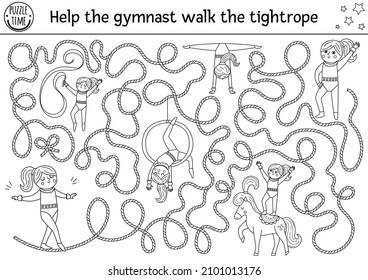 Circus black and white maze for kids with gymnast walking the tightrope. Amusement show preschool printable line activity with cute acrobat girl. Entertainment labyrinth coloring page
