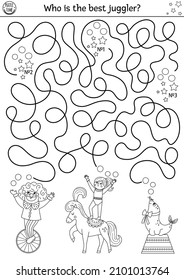 Circus black and white maze for kids with clown, gymnast, sea lion. Amusement show preschool line printable activity with artists. Entertainment labyrinth coloring page with jugglers
