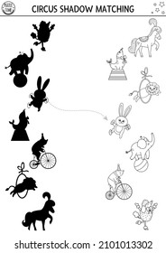 Circus black and white shadow matching activity with cute performers. Amusement show line puzzle with animal artists. Find correct silhouette printable worksheet. Entertainment coloring page

