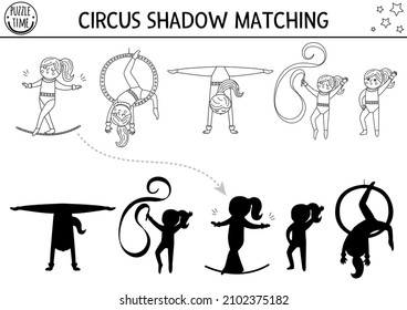 La actividad de hacer coincidir las sombras en blanco y negro con las lindas gimnastas. Rompecabezas de la línea del show de diversión. Buscar una hoja de cálculo o juego imprimible de silueta correcta. página de coloración de entretenimiento
