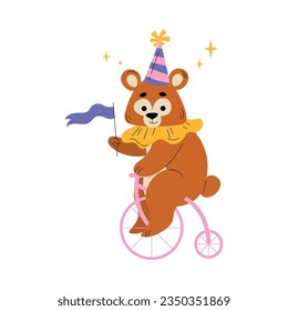 Circus Brown Bear Animal in Cap Ride Bicycle Vector Illustration