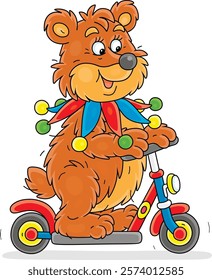 Circus brown bear riding on a toy scooter in a funny circus performance, vector cartoon illustration on a white background