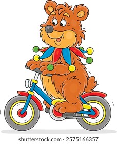 Circus brown bear riding a toy bicycle in a funny circus performance, vector cartoon illustration on a white background