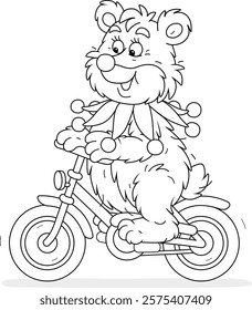 Circus brown bear riding a toy bicycle in a funny circus performance, black and white vector cartoon illustration for a coloring book